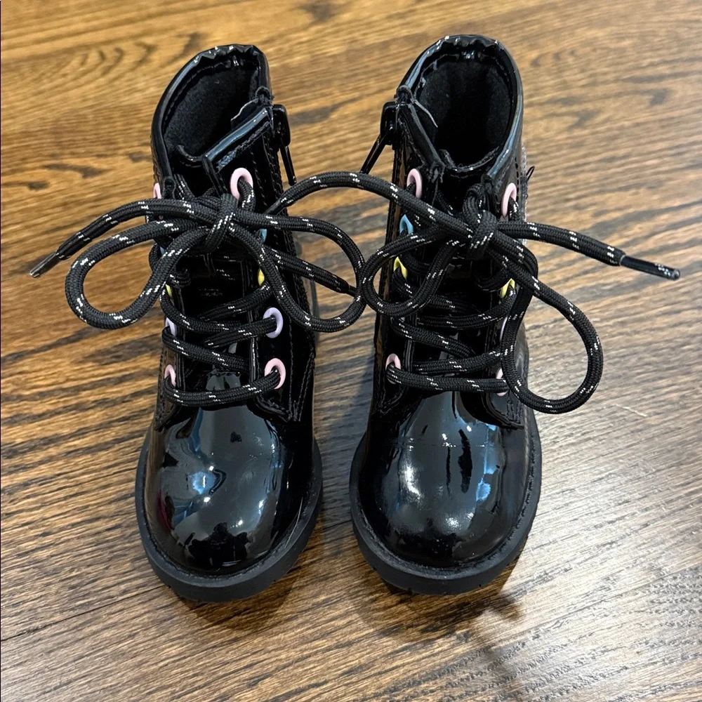 Black Patent Leather Kids Boots with Rainbow Detail
